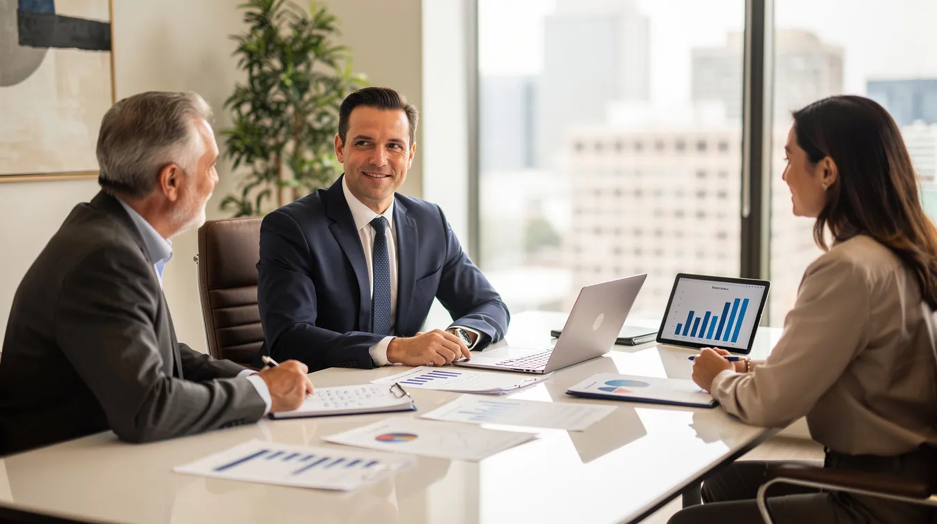 A professional financial advisor is seated at a desk with clients, discussing various investment options such as fixed and variable annuities, mutual funds, and income payments. The atmosphere is focused, with documents and charts illustrating contract values and interest rates laid out for the clients' understanding of their financial plans.