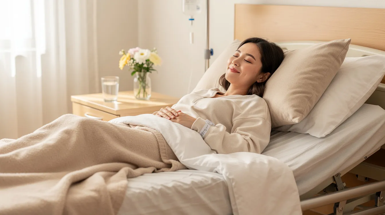 A woman is resting comfortably in bed with her head elevated on pillows, likely recovering from breast implant replacement surgery. She appears relaxed, indicating a peaceful recovery process after her cosmetic procedure.