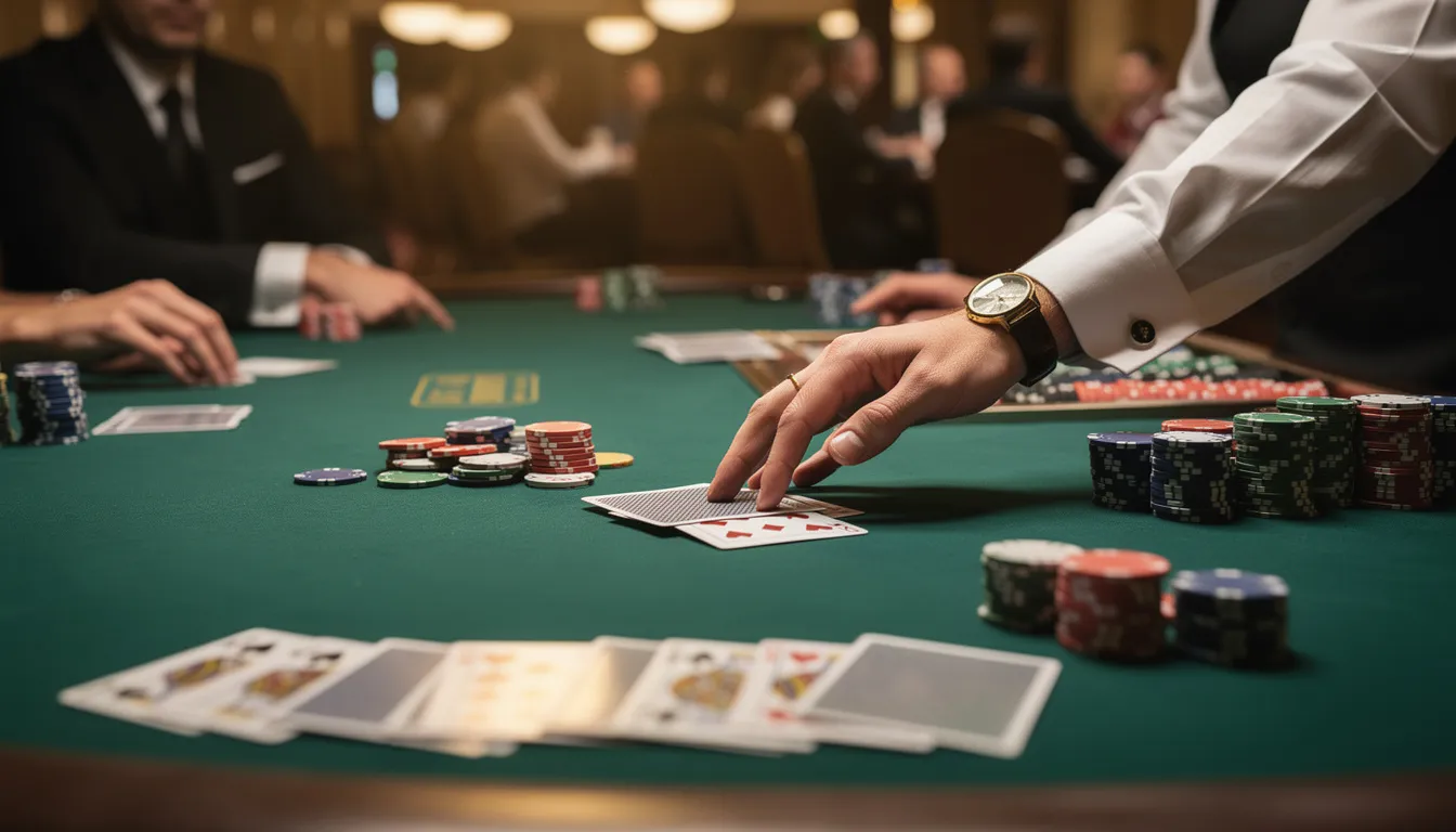 En casino bord med spelkort, marker och händer från en professionell dealer. Atmosfären är livlig och inbjudande, vilket skapar en känsla av spänning och glädje för spelarna.