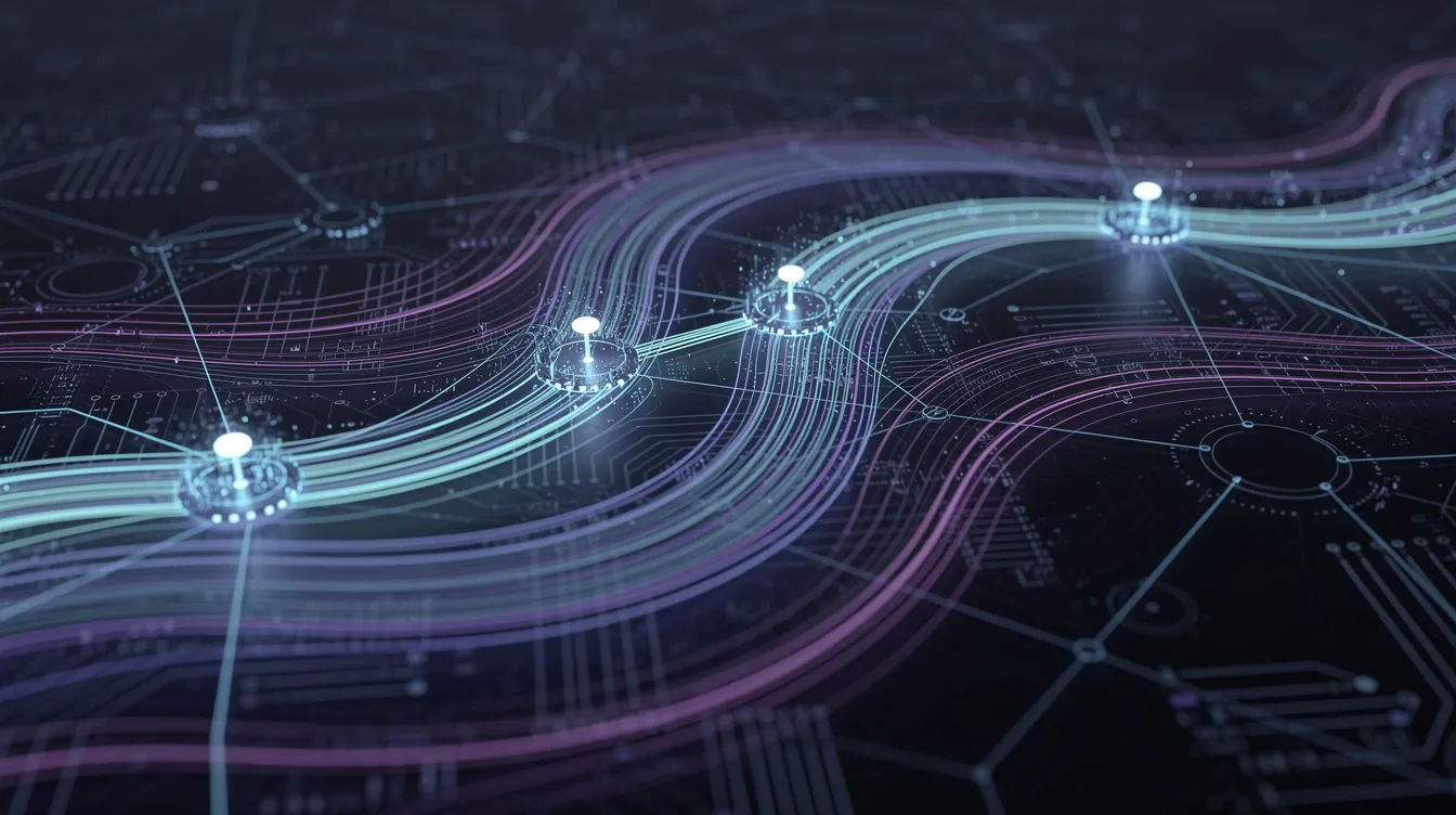 The abstract image depicts flowing data streams and interconnected nodes, symbolizing the complex processes of API token management and processing, which can be integral to services like Claude Code. This visualization represents the dynamic interaction of multiple Claude Code instances and their token usage within various enterprise plans.