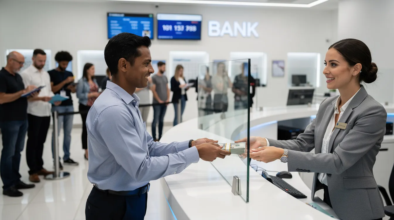 A person stands at a bank counter collecting cash from a teller, while a queue of people waits behind them. The scene captures the essence of money transfer services and currency exchange, highlighting the operation of a busy bank in London.