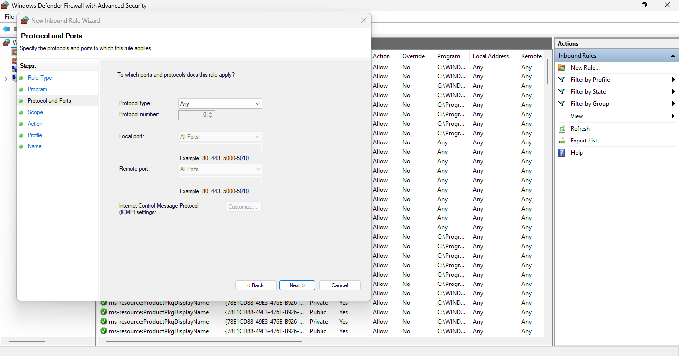 Protocol and Ports page with the protocol type set to Any and local and remote ports set to All Ports.