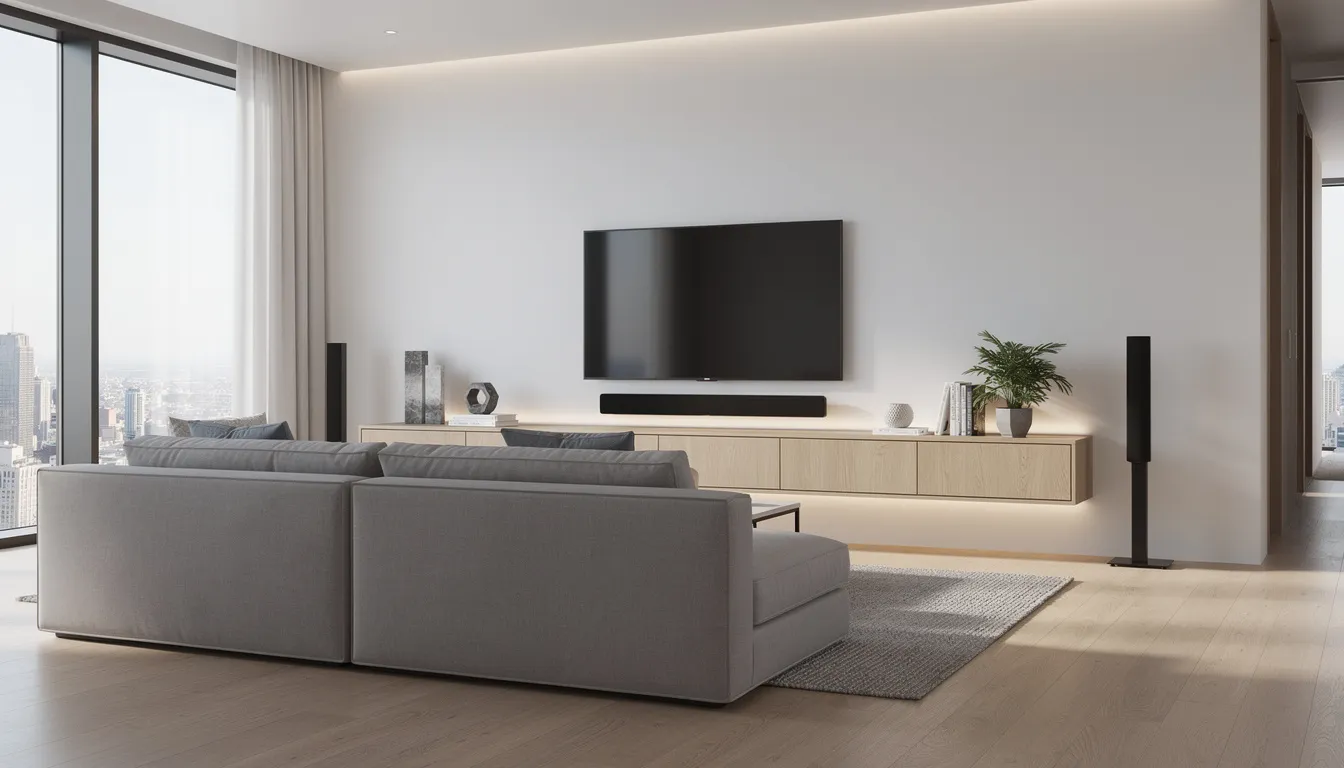 A modern living room features a sleek wall-mounted television alongside a stylish entertainment system, creating an inviting space for relaxation and entertainment. This setup is ideal for enjoying DSTV services, showcasing the potential for professional DSTV installations and ensuring a seamless viewing experience.