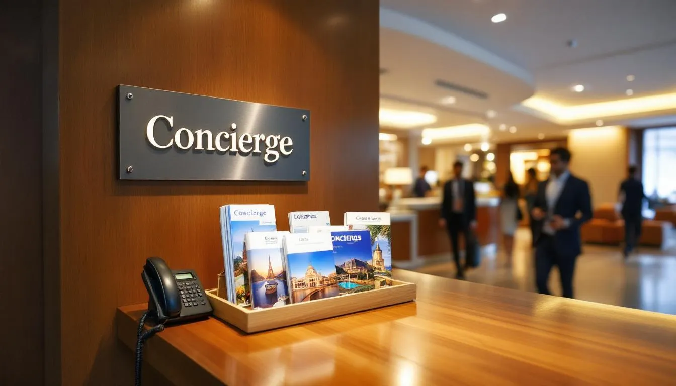 The image shows a hotel concierge desk adorned with various local maps and travel brochures, providing guests with information about nearby attractions and services. This setup enhances the guest experience by facilitating easy access to local insights, which is an essential aspect of effective hotel SEO and local SEO management.