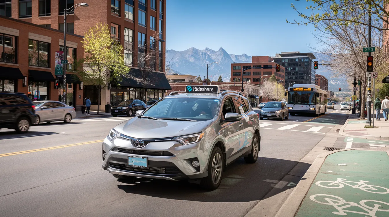 The image depicts a rideshare vehicle, likely an Uber or Lyft, navigating through a busy street in a Colorado city, surrounded by other cars and pedestrians. This scene highlights the vibrant urban environment where rideshare accidents can occur, emphasizing the need for adequate insurance coverage and safety for drivers and passengers alike.