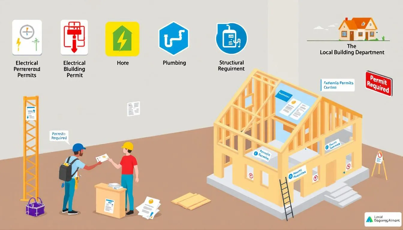 An illustration showing various building permits and the local building department.