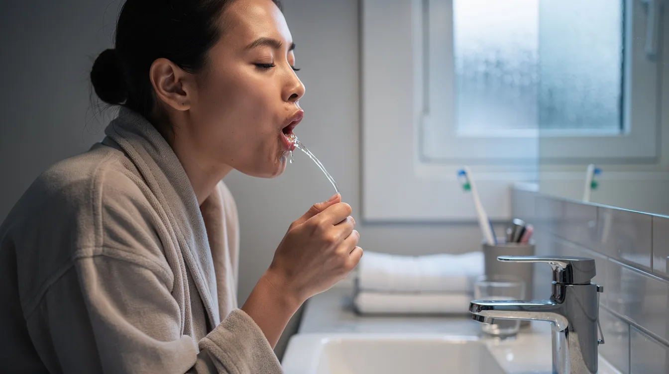 The image depicts a person calmly swishing liquid in their mouth as part of a morning routine, highlighting the practice of oil pulling, which is an ancient Ayurvedic technique believed to support oral health. This gentle process, often using oils like castor oil or coconut oil, is thought to help with bad breath and promote overall wellness.