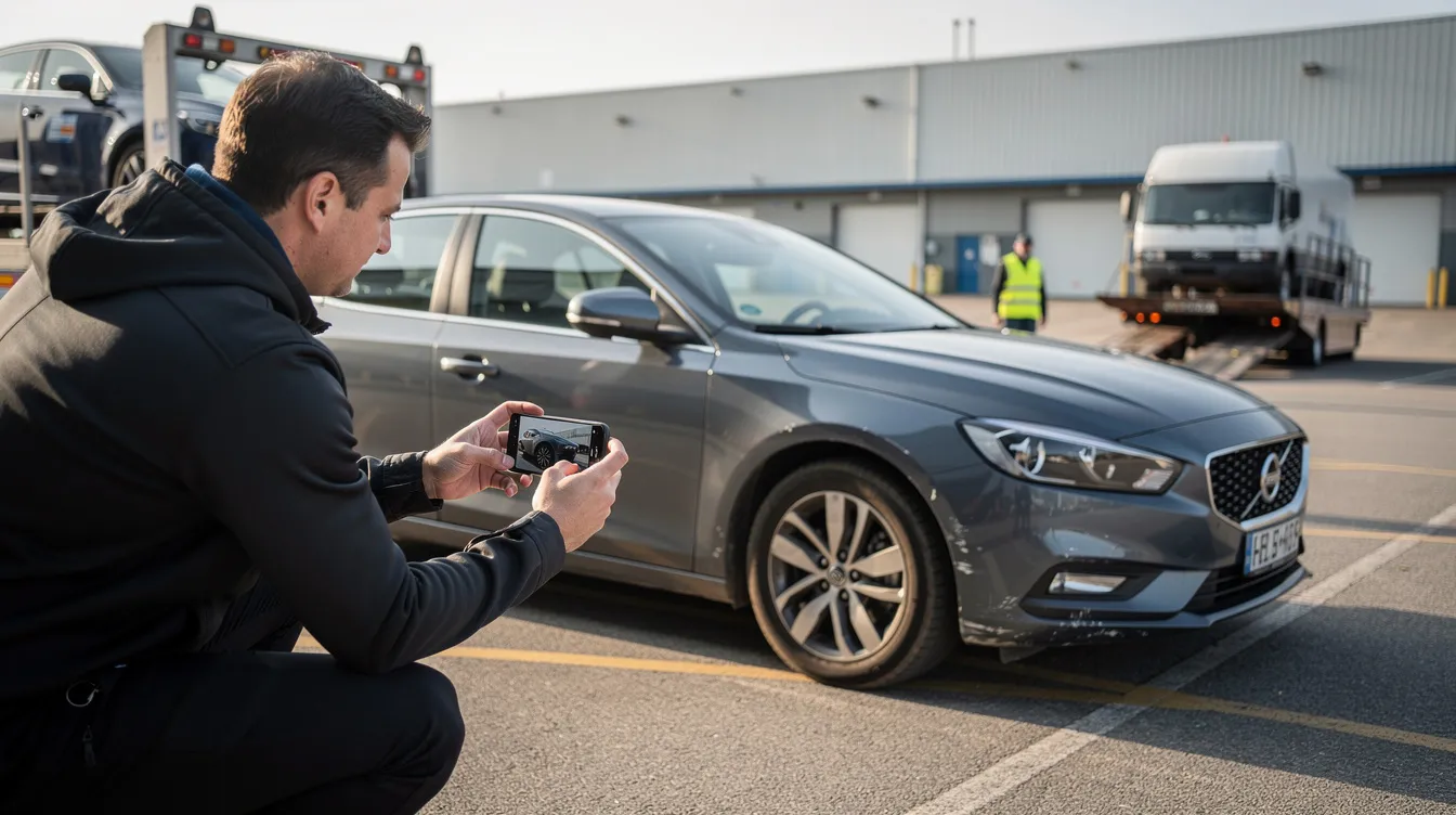 A person is taking a photograph of a sedan's exterior with their smartphone, preparing for transport pickup by car shipping companies. This image captures the process of documenting the vehicle before it is shipped, highlighting the importance of vehicle condition in the auto transport industry.