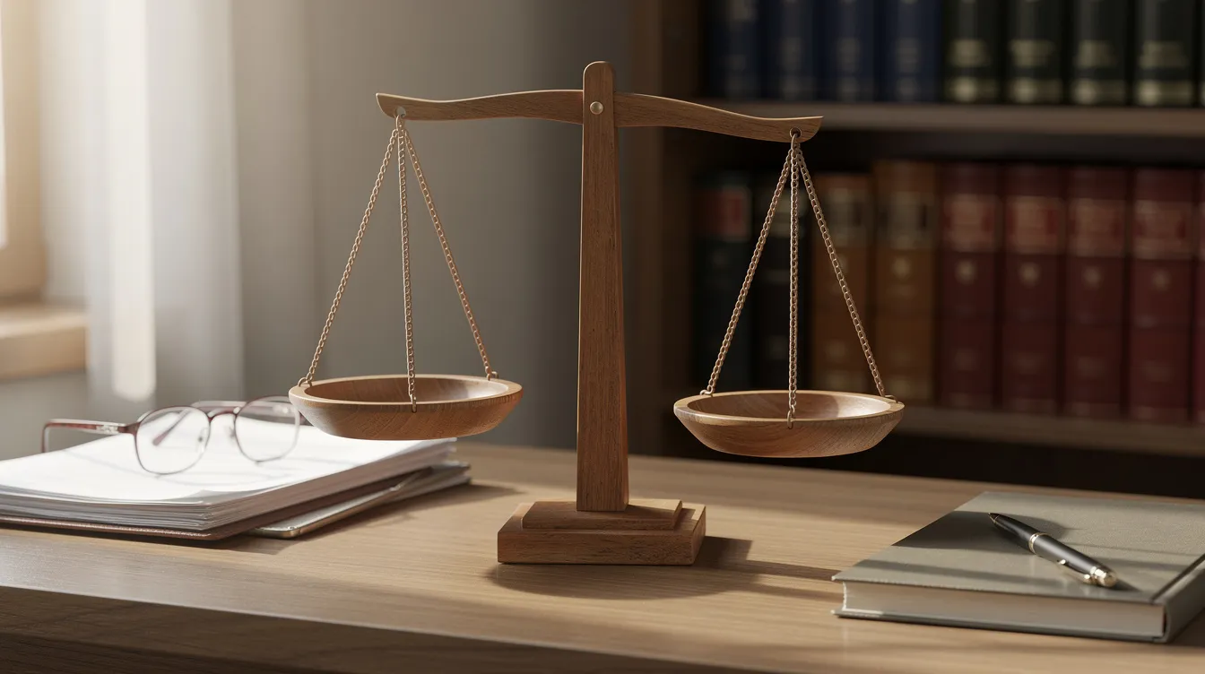 The image depicts a balanced wooden scale placed on a desk, symbolizing careful decision-making. This representation reflects the importance of weighing options, much like choosing the best betting sites or evaluating welcome bonuses and deposit amounts in online betting.