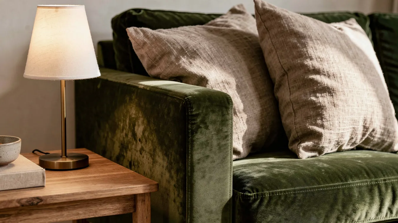 Een close-up van een hoekje met een houten bijzettafel en een moderne metalen lamp, omringd door linnen kussens op een fluwelen bank. Deze combinatie van zachte stoffen en strakke lijnen creëert een harmonieus geheel dat verschillende woonstijlen met elkaar verbindt.