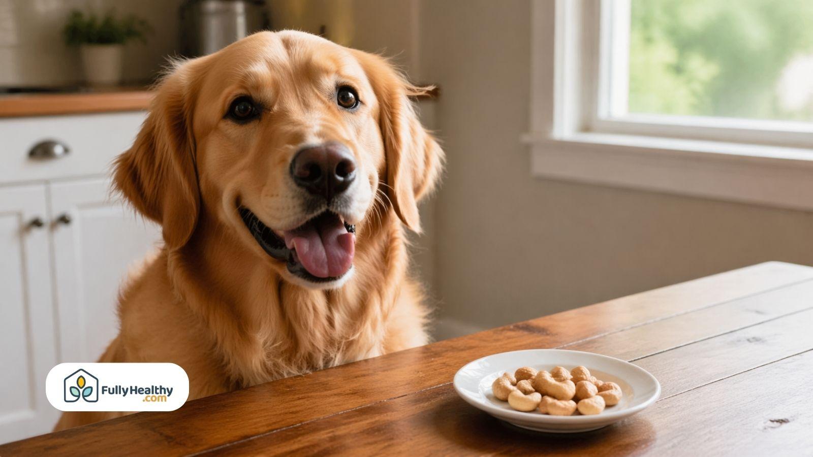 Golden retriever beside plate of cashews on kitchen table near window