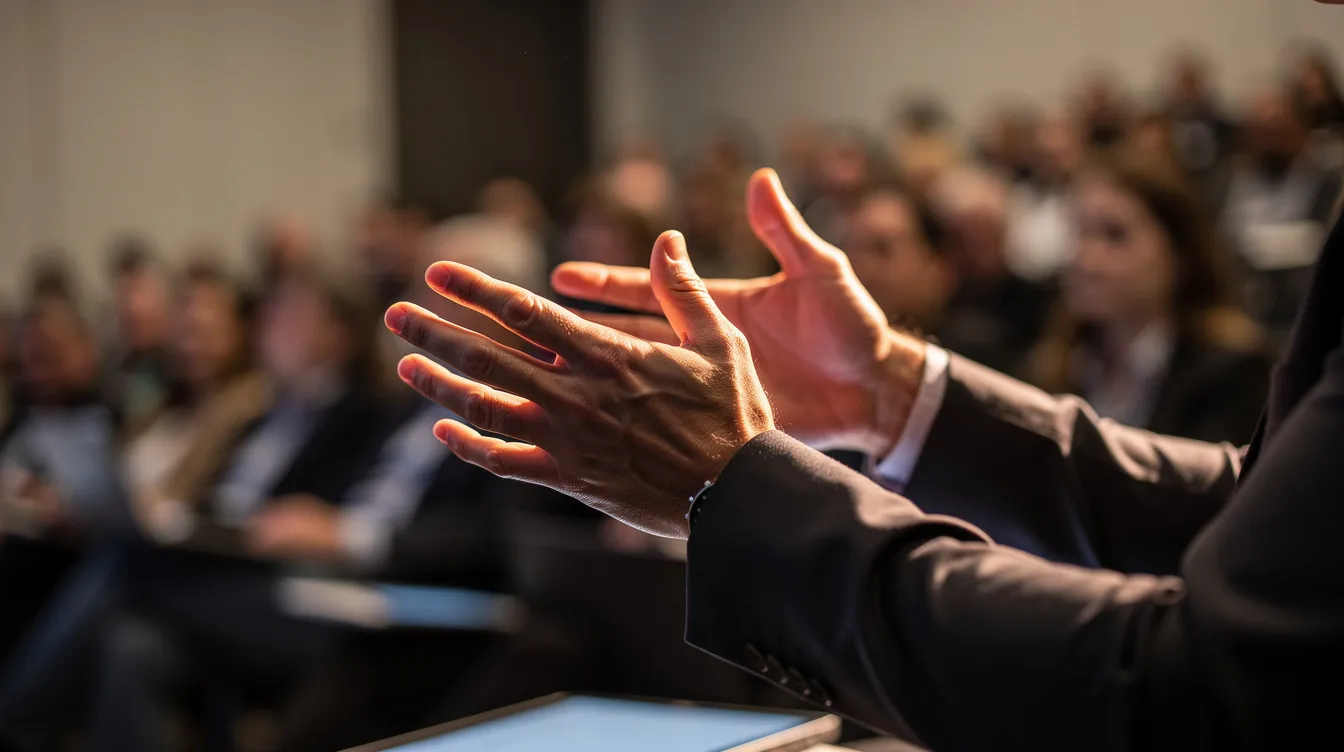 A close-up of a presenter’s hands gestures expressively while discussing the importance of managing resistance to change in organizations, with a blurred audience in the background. The image captures the dynamic interaction of a keynote speaker addressing concerns about employee resistance and the need for a supportive environment during change initiatives.