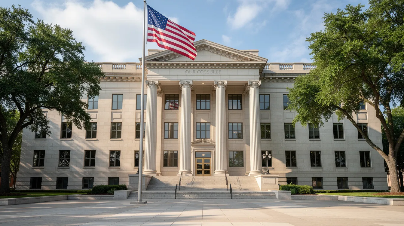 The image features a grand stone courthouse building with prominent columns and an American flag waving in front. This iconic structure symbolizes the legal system, which plays a crucial role in resolving construction disputes and enforcing construction law.