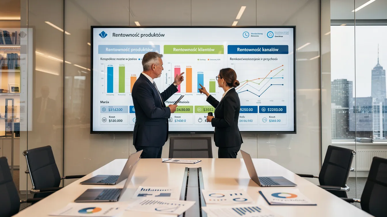 Właściciel i CFO analizujący dashboard rentowności produktów, klientów i kanałów, skupiają się na wskaźnikach rentowności, które pozwalają ocenić efektywność działań przedsiębiorstwa oraz generowanie zysków w danym okresie. Ich rozmowa dotyczy optymalizacji kosztów i strategii cenowej, mającej na celu poprawę rentowności firmy.