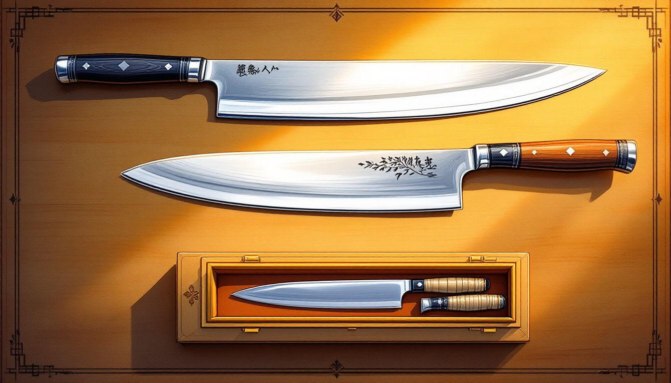 An assortment of essential types of Japanese knives, including a gyuto and a deba knife.