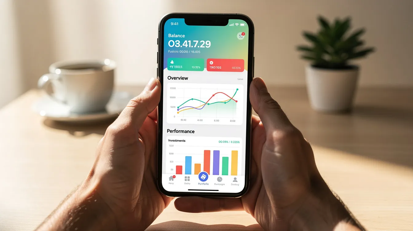 A pair of hands holds a smartphone displaying a vibrant financial app interface, symbolizing the importance of financial literacy and personal finance management. In the soft background, a coffee cup and potted plant add a cozy touch, emphasizing a balanced approach to financial health and well-being.