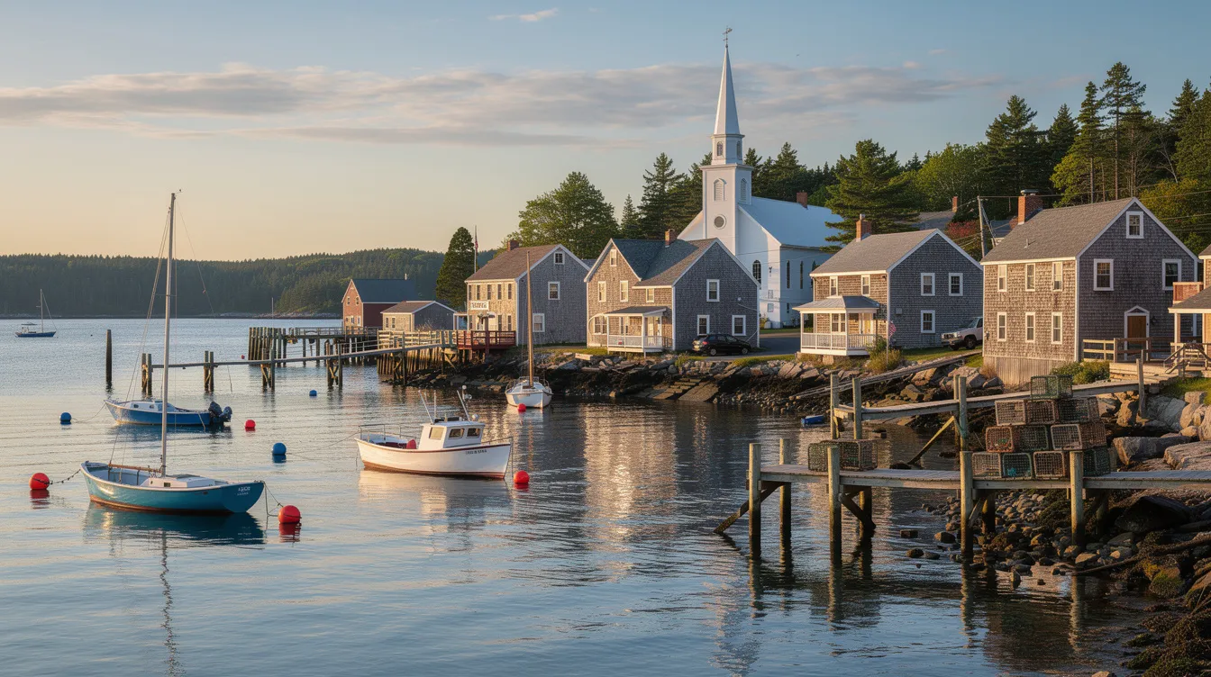 The image depicts a picturesque coastal town in Maine, featuring a serene harbor filled with various boats gently bobbing in the water. This charming scene captures the essence of Maine's beauty, ideal for those interested in auto transport services, especially for shipping vehicles to and from this scenic region.