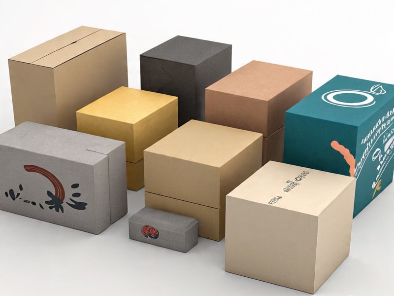 An image of assorted square packaging boxes in gold, beige, grey, and teal colors, displayed in a clean studio setting.