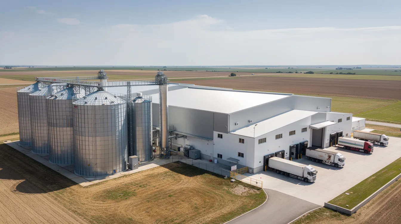The image depicts a modern rice mill facility featuring large storage silos and processing buildings, set against a backdrop of open land, highlighting the infrastructure essential for rice production and processing. This facility is designed to support the rice mill business, ensuring efficient operations and quality assurance in the production of brown rice and polished rice.