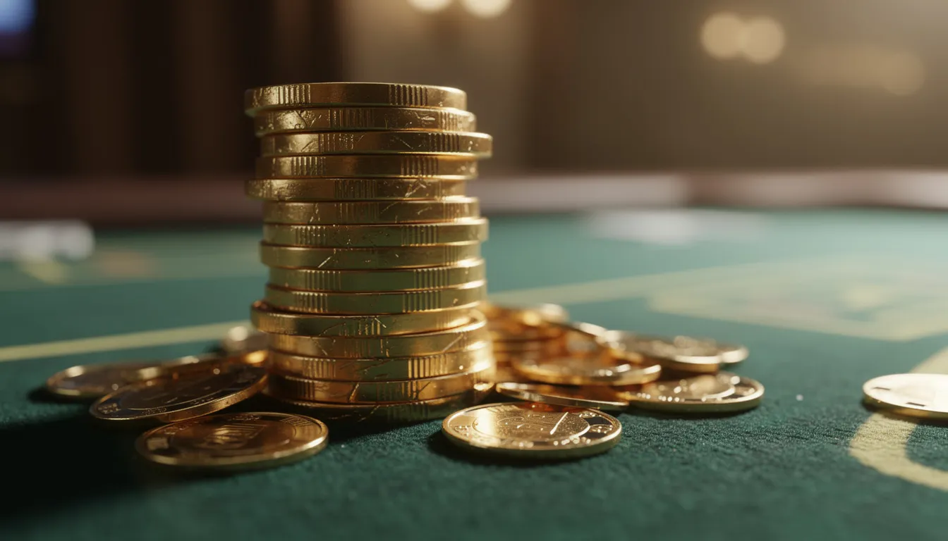 Stack of casino chips and coins on a green felt table, representing bonuses, deposits, and bankroll planning.