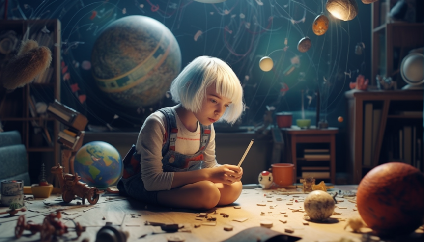 A child exploring the solar system with a science kit