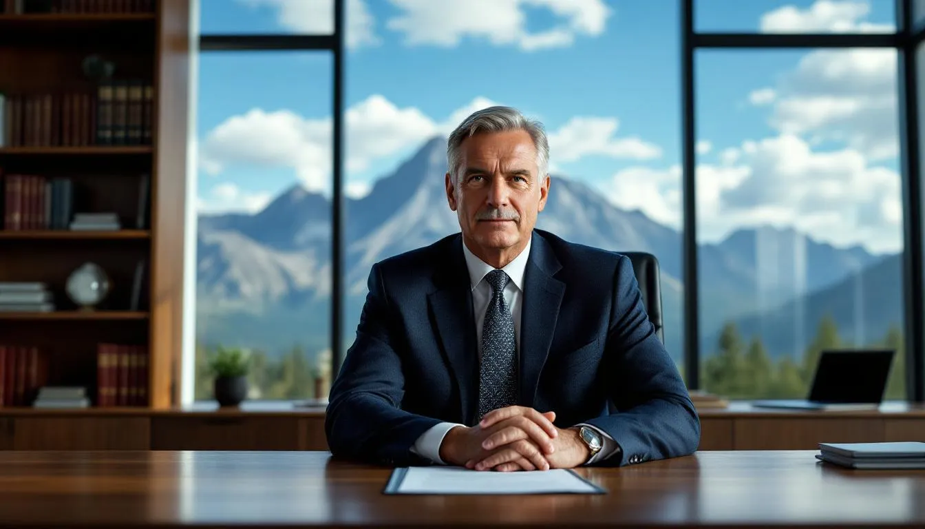 In a well-appointed law office, an experienced criminal defense attorney is seated at his desk, with mountains visible through the window in the background. The setting reflects professionalism and dedication, embodying the essence of legal support in criminal cases.
