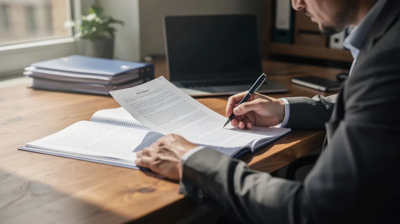 A small business owner sits at a wooden desk, intently reading through a multi-page loan application form, with a pen in hand, likely evaluating important details related to their business operations and financing options, such as mudra loans and repayment capacity. The scene conveys a sense of diligence and focus on securing the necessary funds for their small business.
