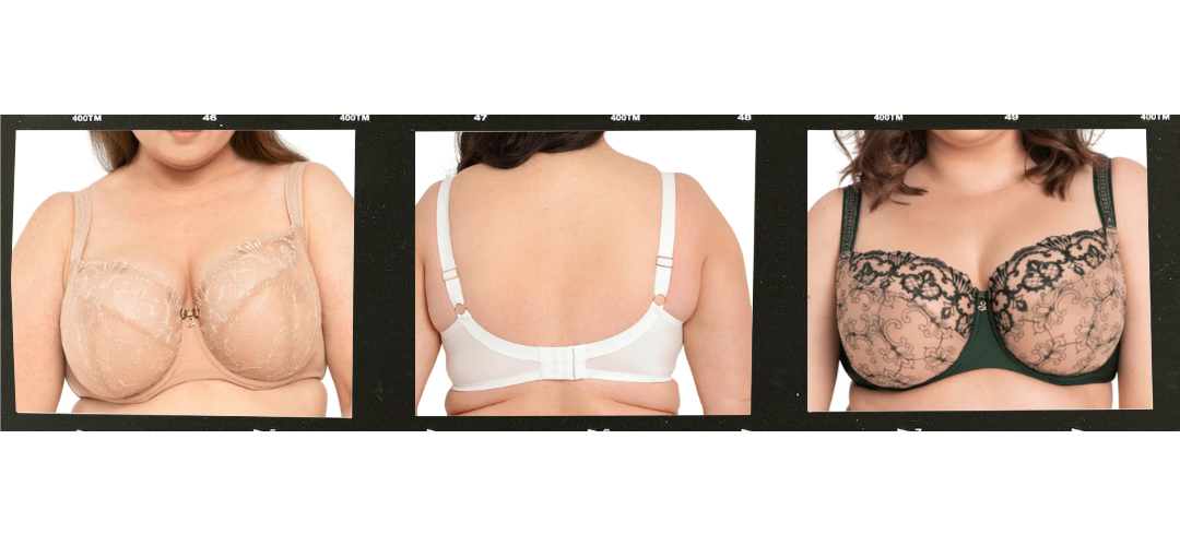 Samanta Perla Balconette Polish Bra shown in front, back, and fit views highlighting full-bust support and construction