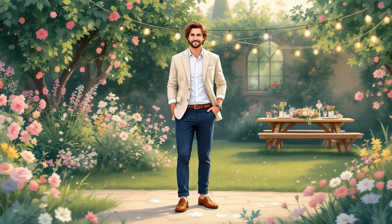 A man dressed in smart casual attire for a wedding.