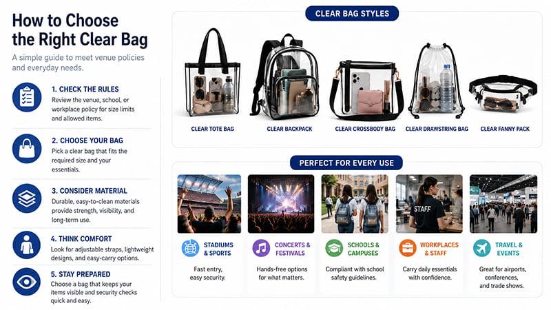 Clear bag selection guide showing bag styles and common uses for stadiums, concerts, schools, workplaces, and travel.