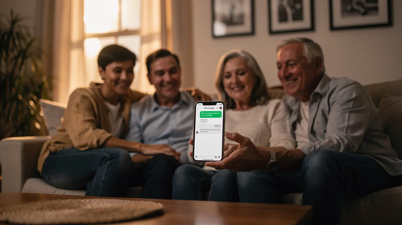A family is gathered together at home, with one member holding a smartphone that displays a notification related to an online money transfer. The scene captures a moment of connection as they discuss sending money to Bangladesh, highlighting the importance of family and financial support across distances.