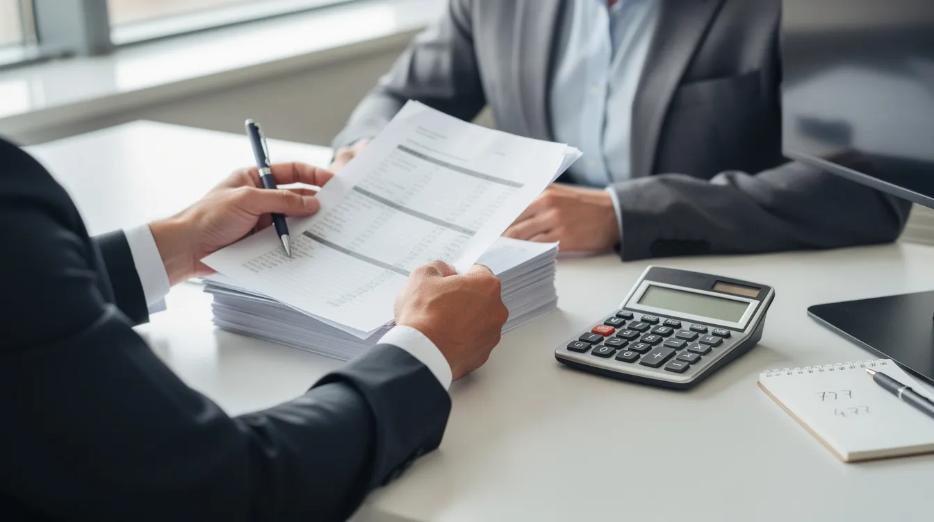 A person is seated at a desk, intently reviewing paperwork with a calculator positioned nearby, suggesting a focus on financial or administrative tasks related to 公務員 職位. The environment conveys a sense of professionalism, possibly linked to 公務員 事務局 activities.
