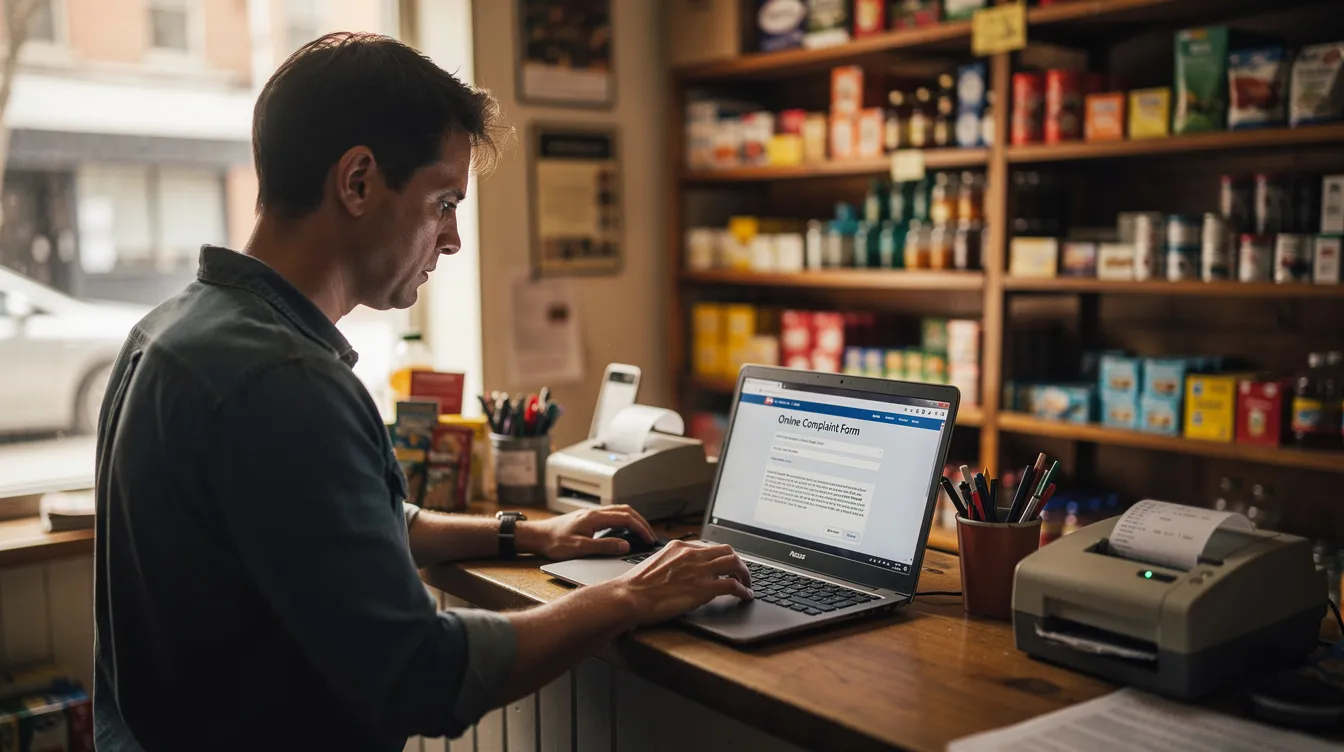 832781cc f715 4342 b0e9 4908d4745a44 A person is seated at a small shop counter, focused on their laptop as they file a written complaint regarding a banking issue. The scene illustrates the process of lodging a grievance, possibly related to a loan, under the consumer protection act, highlighting the importance of customer feedback in resolving banking matters.