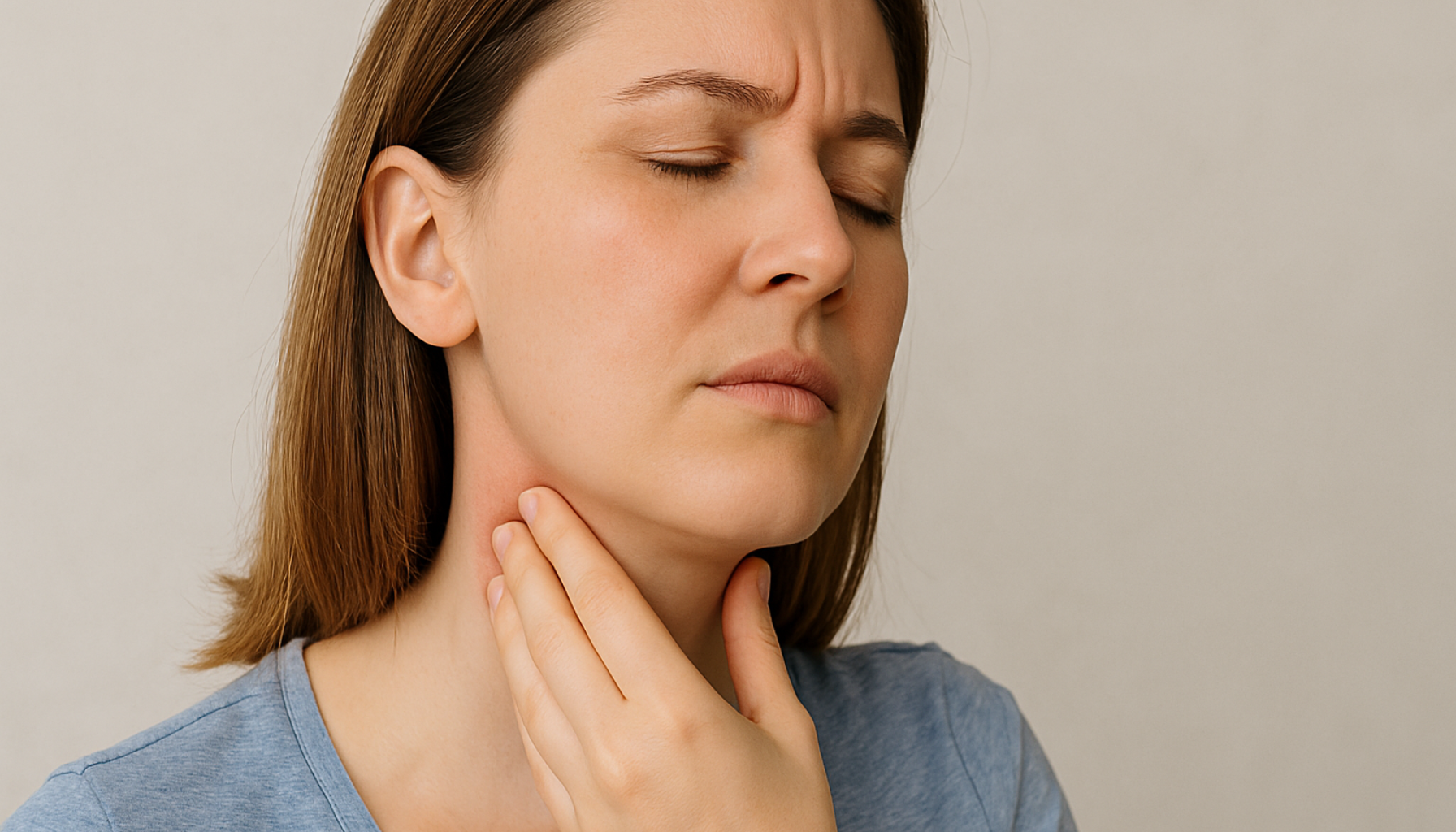 Lymfeknuter: Når Du Bør Være Bekymret for Hevelser i Halsen 11 Kvinne med smertefullt uttrykk holder seg til hovent område på halsen, mulig hevelse i lymfeknuter under kjeven.