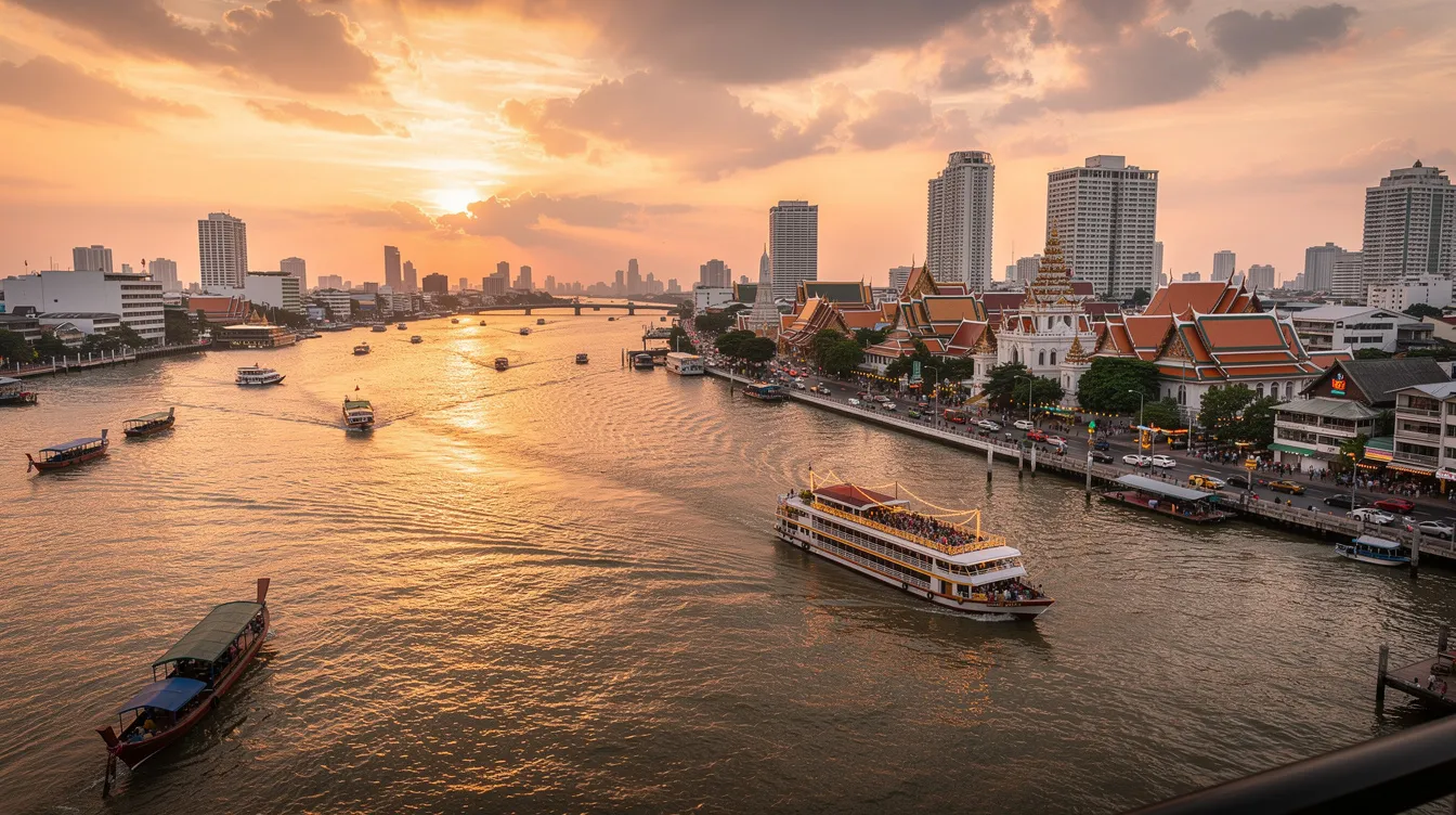O rio Chao Phraya, que corta Bangkok, é cercado por templos budistas como o Wat Arun e o Wat Phra Kaew, além de mercados flutuantes e a vibrante vida noturna da capital tailandesa. A imagem retrata a movimentação de tuk tuks e a rica gastronomia de rua, refletindo a cultura e história do sudeste asiático.