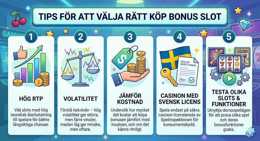 Tips för att välja rätt köp bonus slots – RTP, volatilitet och casino med svensk licens
