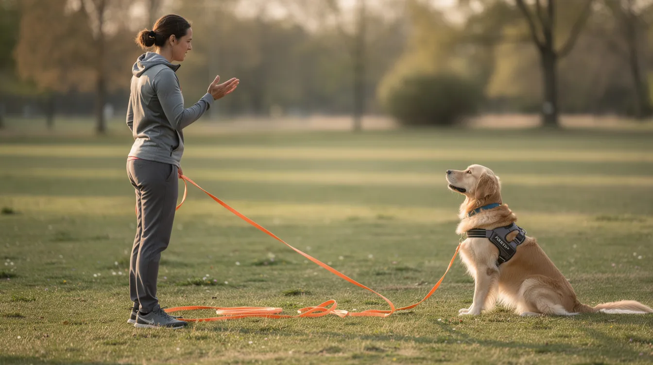 Long Line Training for Dogs: Complete Guide to Distance Control and Recall 1 The image depicts a dog being trained in an open field using a long line, allowing for more freedom while maintaining control. The dog enthusiastically explores the environment, showcasing the benefits of long line training for recall and safety.