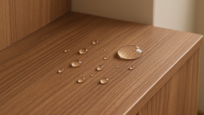 Water droplets on wood vinyl having no damage