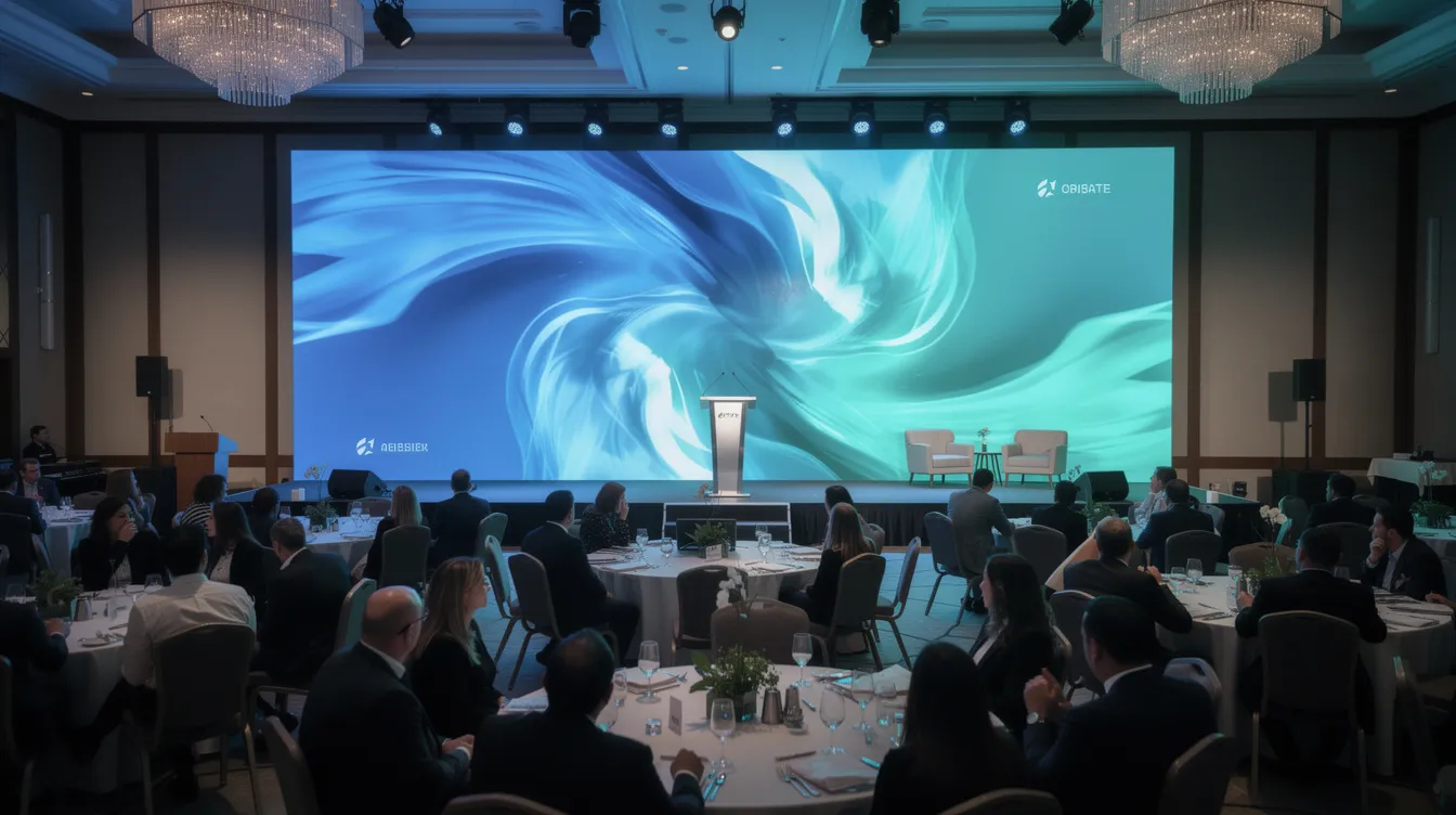 A wide shot captures a large LED video wall illuminating a corporate event stage in a hotel ballroom, with audiences seated at round tables, showcasing high-quality visuals that engage attendees. The vibrant LED screens serve as a dynamic backdrop for the event, enhancing the overall visual impact and experience for corporate clients.