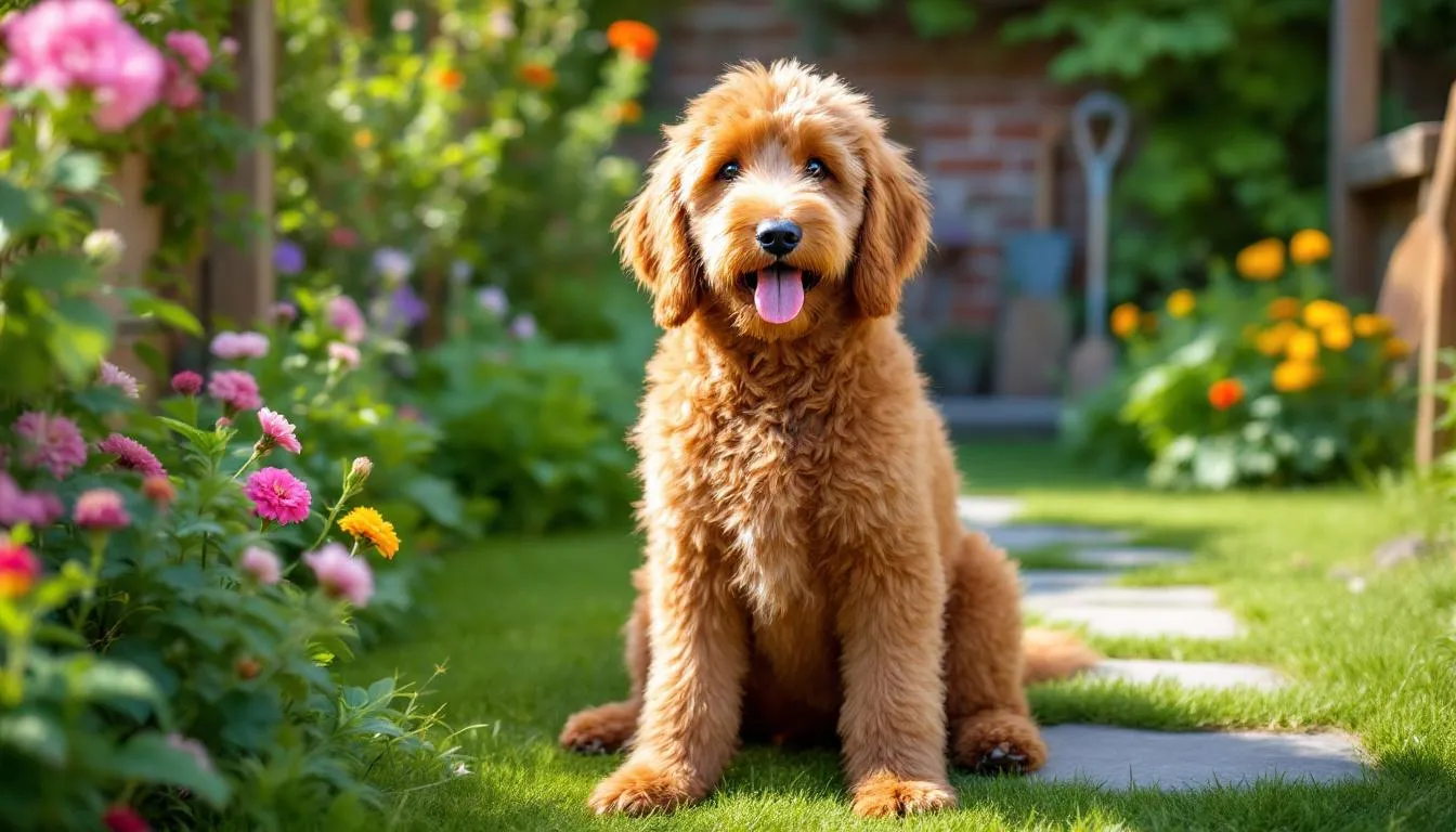 A beautiful red Goldendoodle with a soft, wavy coat is sitting in a sunny garden, surrounded by vibrant greenery and colorful flowers. This friendly dog, known for its low shedding and versatile temperament, exudes warmth and charm, making it a perfect family companion.
