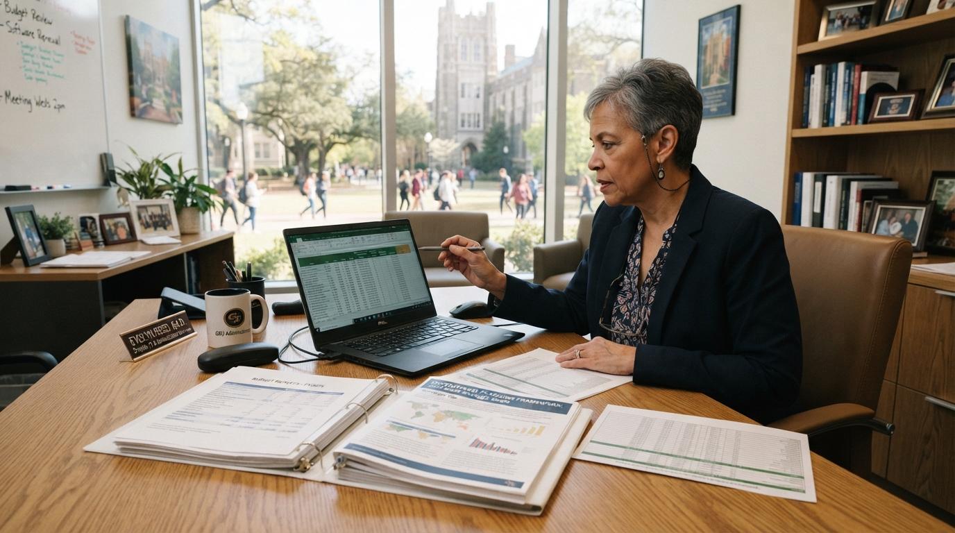 Modern academic office with a university administrator reviewing software licensing options on a laptop alongside budget reports and institutional planning documents.