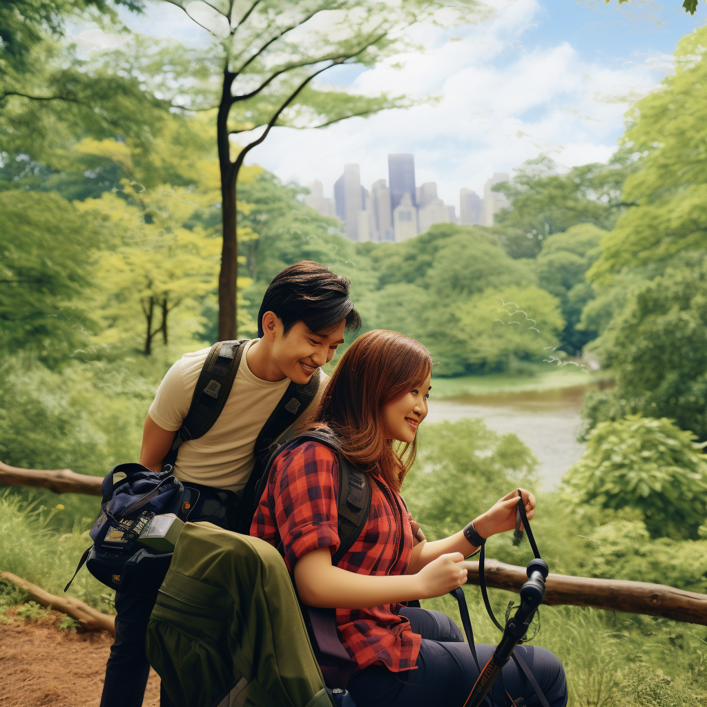 Asian couple joyfully biking together in Central Park, NYC, radiating happiness and renewed connection following a successful couples therapy session at 'Loving at Your Best Marriage and Couples Counseling PC.