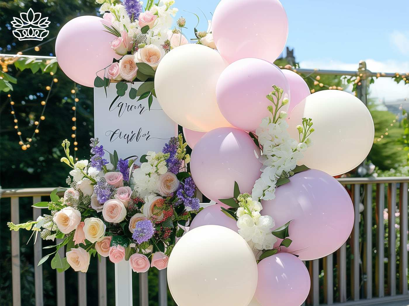 A vibrant display of soft pink and white balloons intertwined with a lush arrangement of roses and delicate wildflowers, ready for a grand celebration with Fabulous Flowers and Gifts.