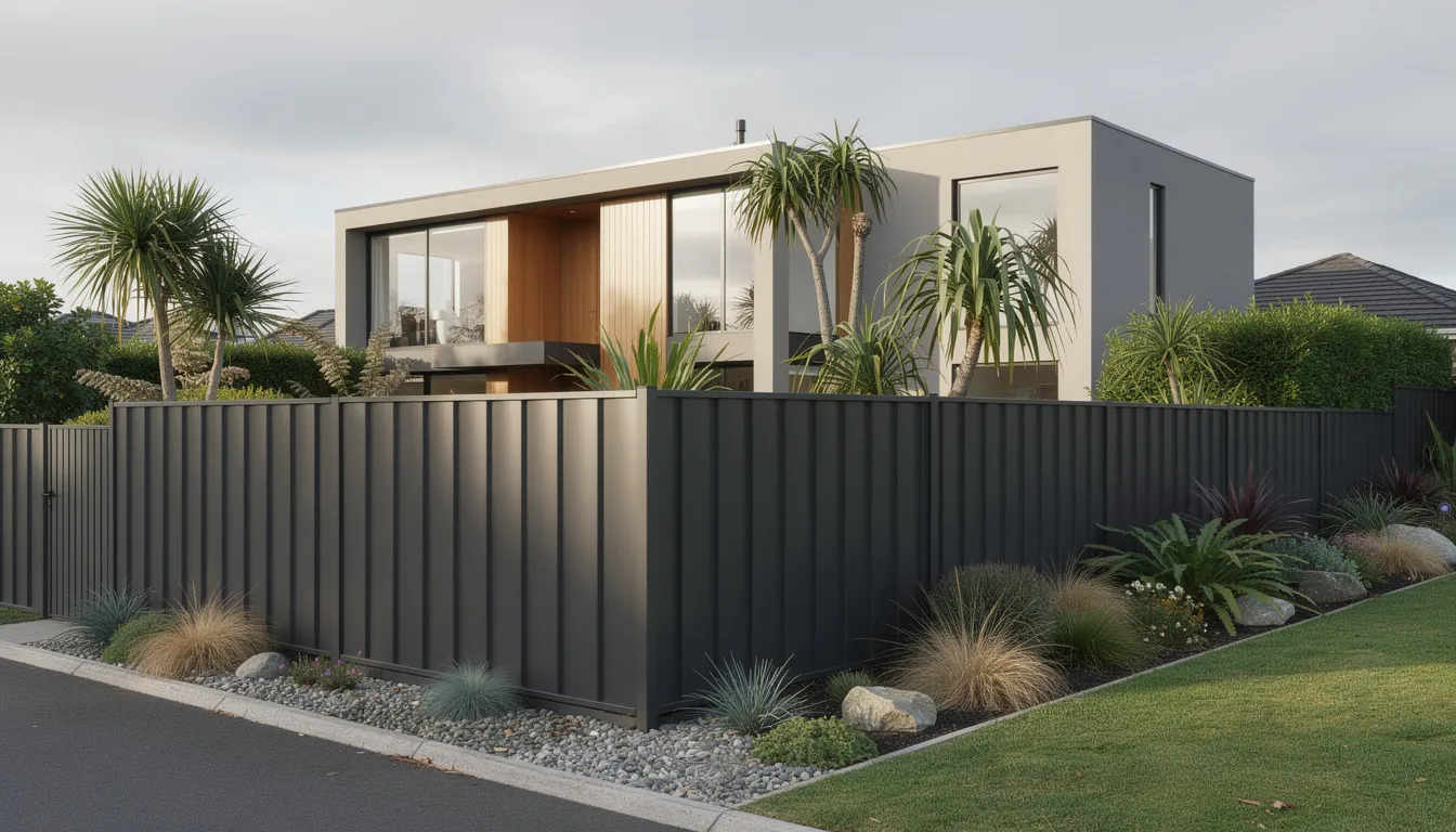 A modern dark grey steel panel fence runs alongside a contemporary New Zealand home, complemented by a native garden that enhances the property's curb appeal. This low maintenance fencing solution reflects quality materials and adds a sleek aesthetic to the outdoor space.