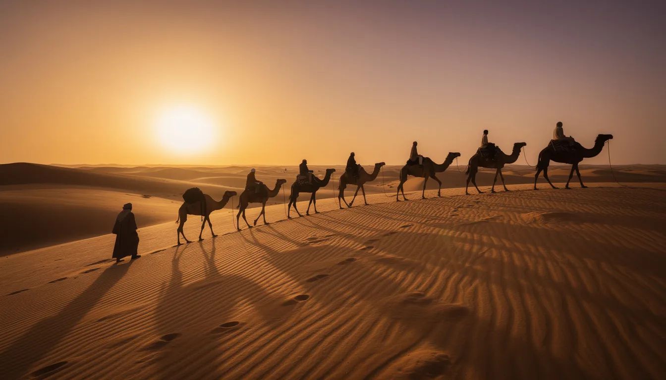 The image captures the silhouettes of camels and their riders gracefully crossing golden sand dunes at sunset, with dramatic shadows stretching across the warm sands of the Sahara Desert. This scene evokes the adventurous spirit of a desert tour in Morocco, highlighting the country's rich history and stunning landscapes.