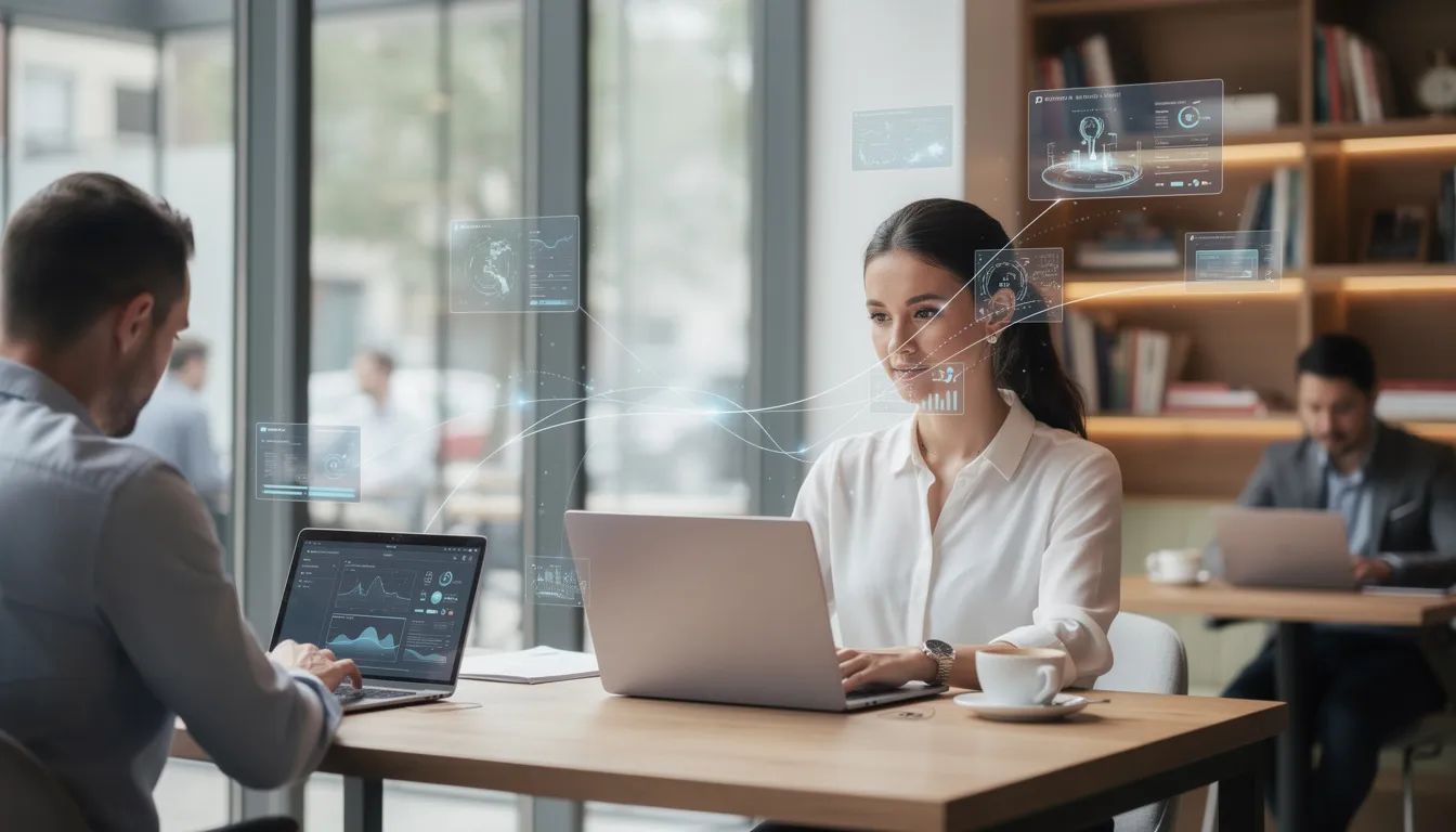 Imagen que muestra a varios profesionales trabajando con portátiles en diferentes ubicaciones, conectados a través de internet, utilizando servicios en la nube para colaborar y acceder a datos en tiempo real. La escena refleja la flexibilidad y la innovación que ofrece la computación en la nube en entornos laborales modernos.