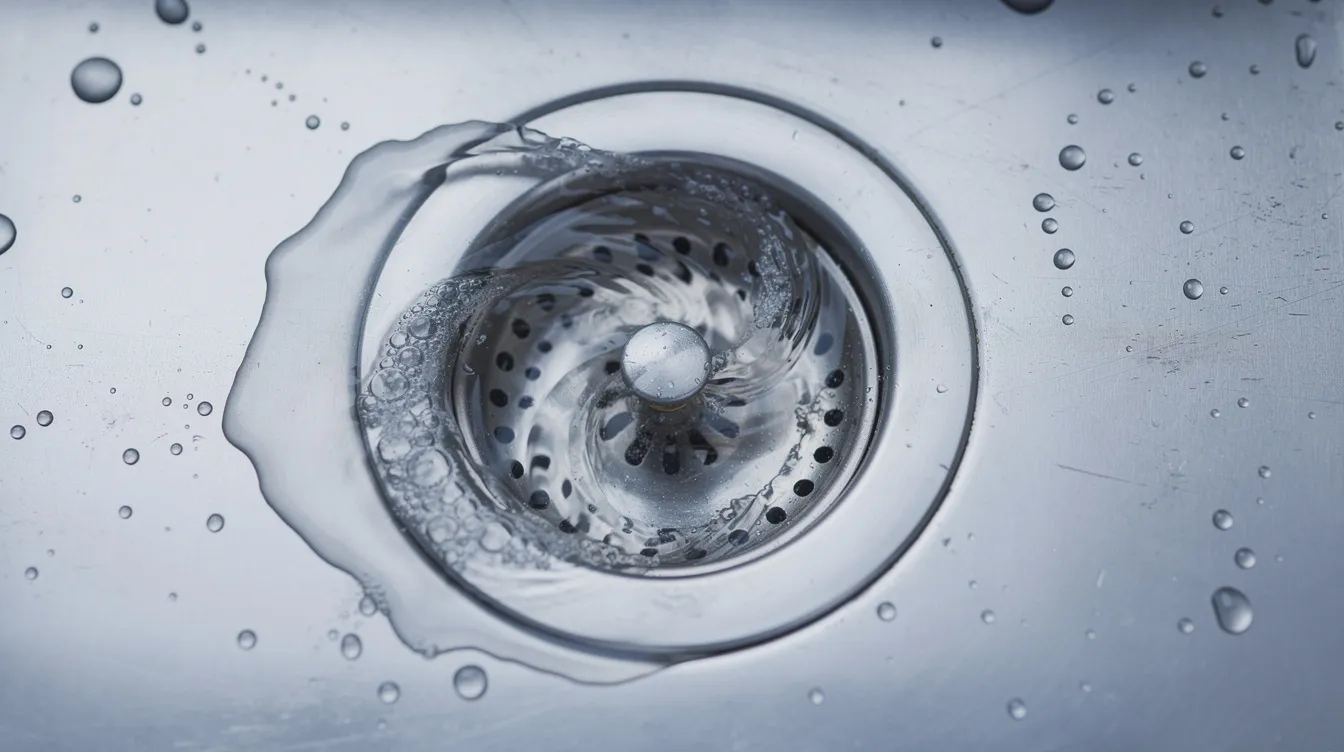 A close-up view of water swirling slowly down a stainless steel kitchen sink plughole, illustrating the potential for blocked drains caused by food debris and soap residue. This image highlights the importance of regular drain cleaning to prevent slow drainage and further plumbing issues.