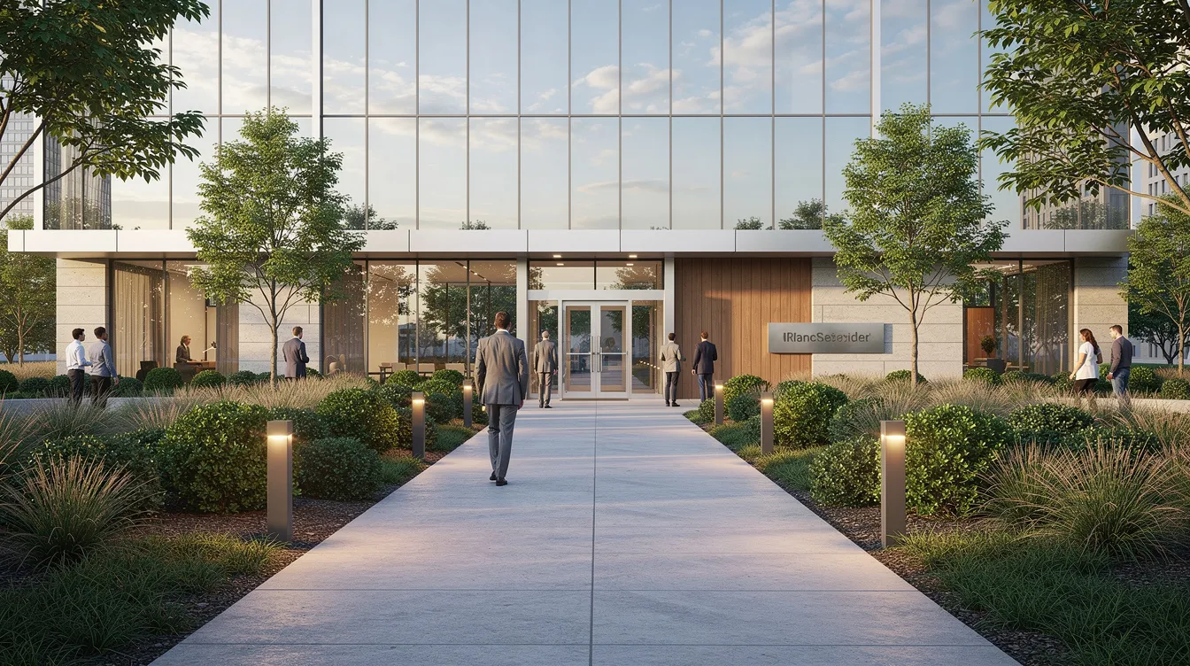 The image depicts a welcoming exterior walkway leading to a modern professional office building, designed to invite clients for consultations about treatments like dermal fillers and chemical peels. This conveniently located med spa in Exton, PA, aims to help clients achieve glowing skin and address concerns like wrinkles through a kind and professional team.
