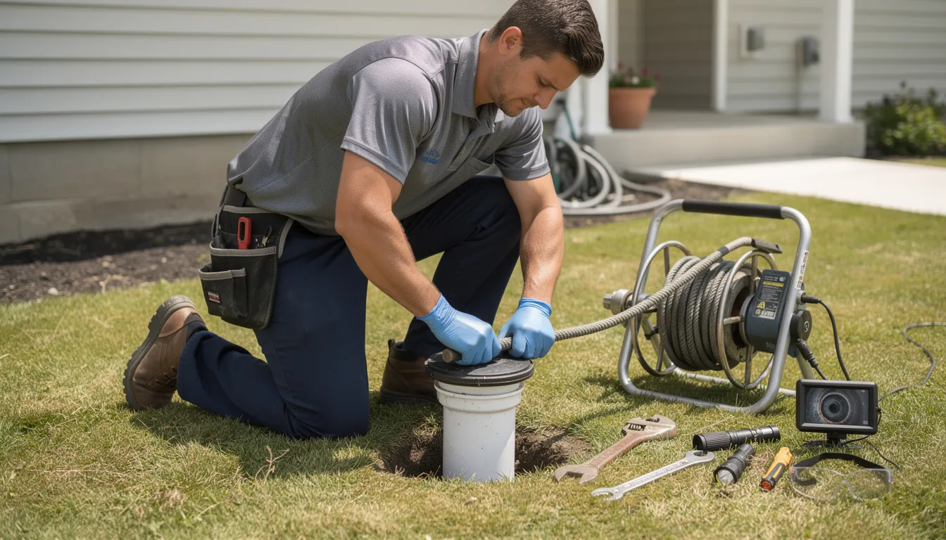 A professional plumber is seen accessing an outdoor sewer cleanout with specialized equipment, ensuring the main sewer line is properly maintained to prevent costly repairs and health hazards. This routine sewer line cleaning helps maintain a healthy plumbing system and prevents issues like clogged drains and foul odors.