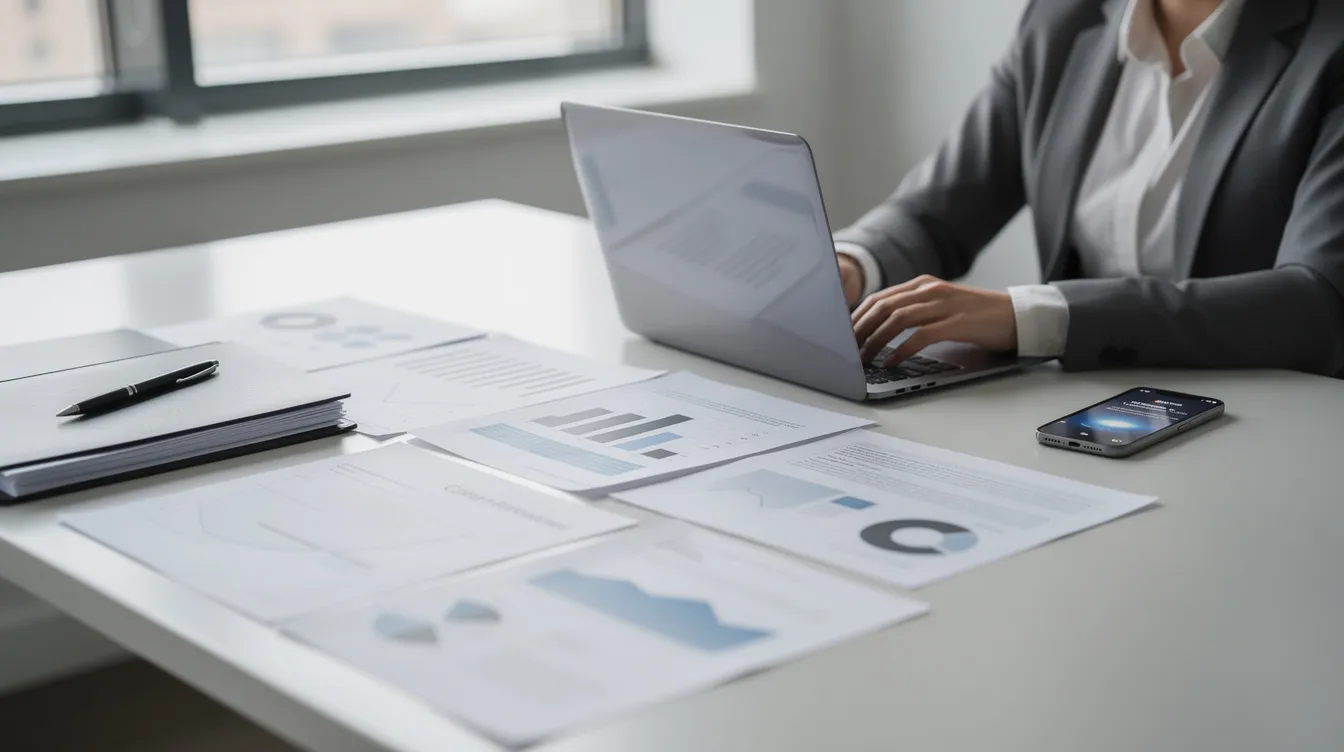 83336ea4 d1c0 4c72 b794 d257965c75b4 A person is seated at a desk, focused on using a laptop, surrounded by business documents and a phone, suggesting a work environment where important information is being processed, possibly advised for a case in India.